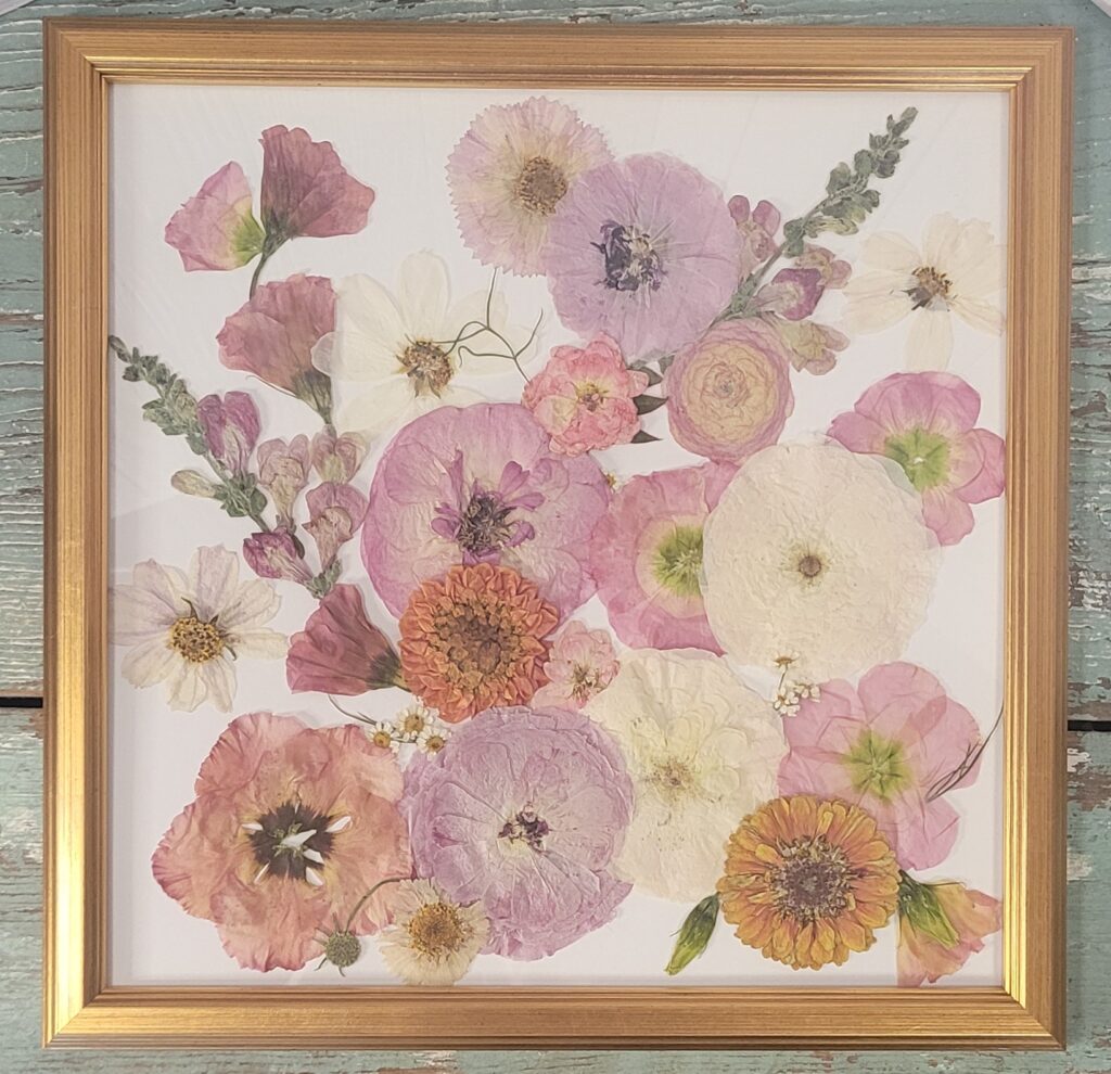 Pressed flower framed design featuring pressed ranunculus, cosmos, snapdragons and lisianthus preserved, pressed and framed wedding flowers 